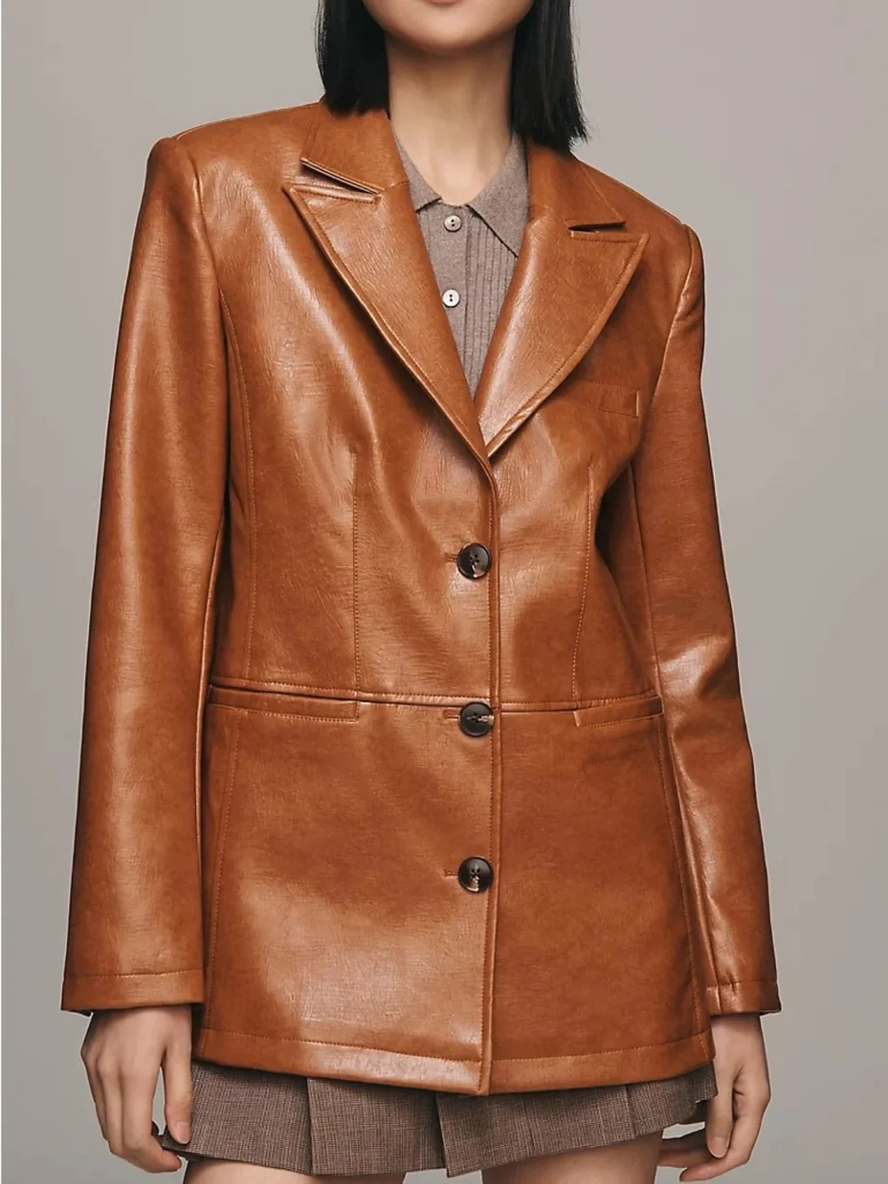 Maeve Cognac Brown Leather Blazer Jacket - Picture 2 of 9